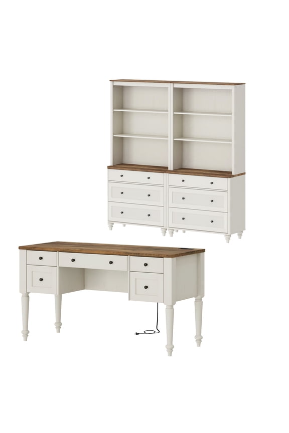 Home Office Furniture Set, 56" Executive Desk with Charging Station, 72" Tall Bookcase with 6 Drawers, Wood Computer Desk with File Cabinet Storage, Open Shelf, White