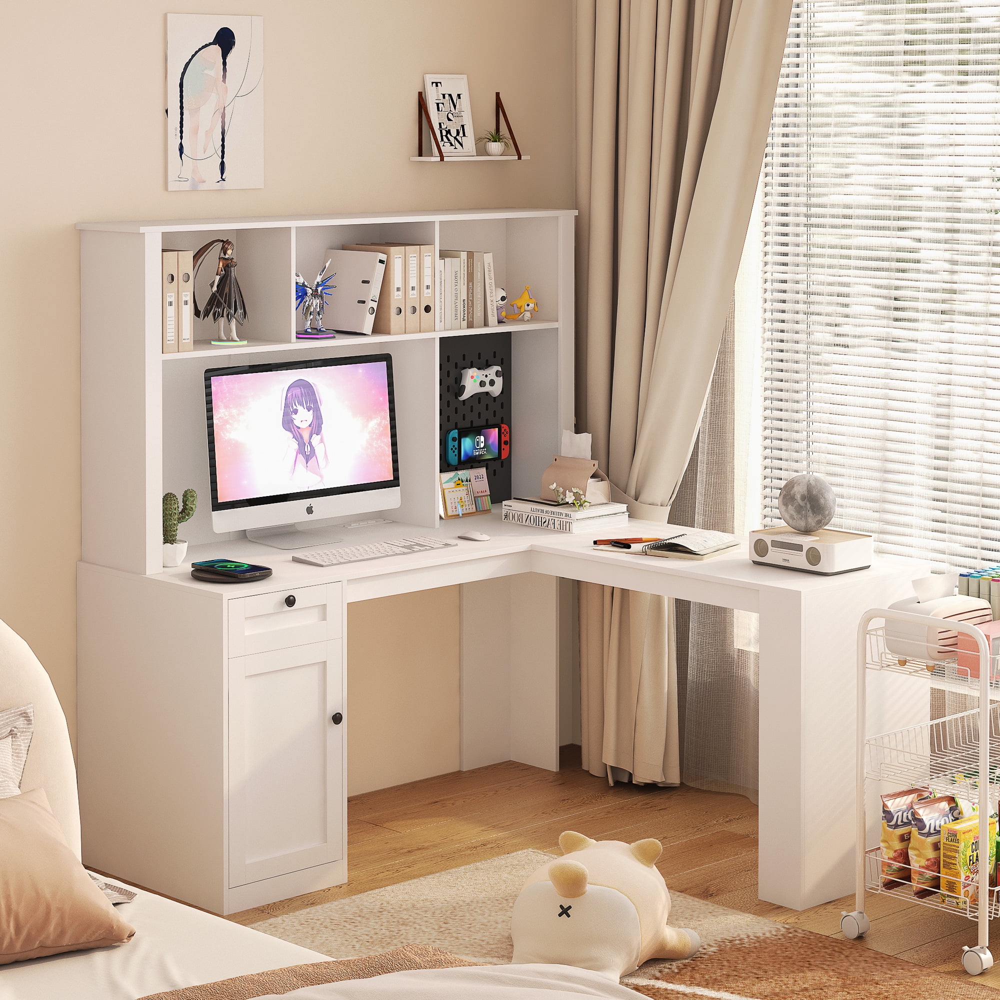 White L-Shaped Computer Desk with Hutch and Power Outlet