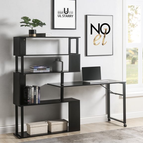 Home Office L-shaped Computer Desk With 5 Bookshelf, & Metal, Black Color, Rotating, Lockable , Space Saving Setup Modern Bookcase, And Black, Wheels, Aspect