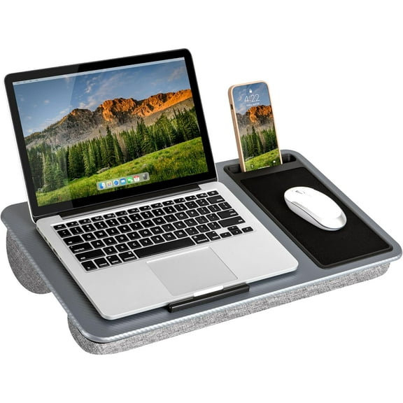 Home Office Lap Desk with Device Holder, Mouse Pad and Phone Holder - Grey Wood Grain - Fits 15.6" Laptop