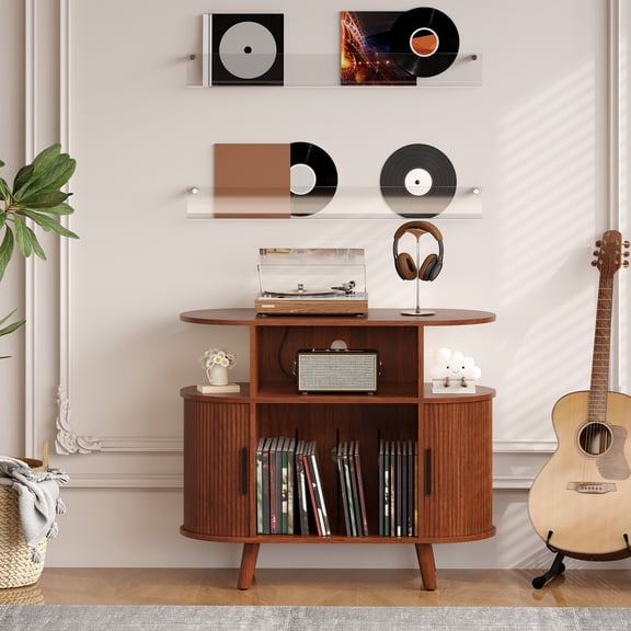 Home Office Large Record Player Stand with Vinyl Storage – 35'' Media Cabinet Round Mid-Century Record Player Table Rustic Turntable Stand with Open Display Shelves, Charging Station
