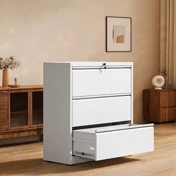 Home Office Lateral File Cabinet, Locking Heavy Duty Storage Soft White Cold Rolled Steel File Cabinet