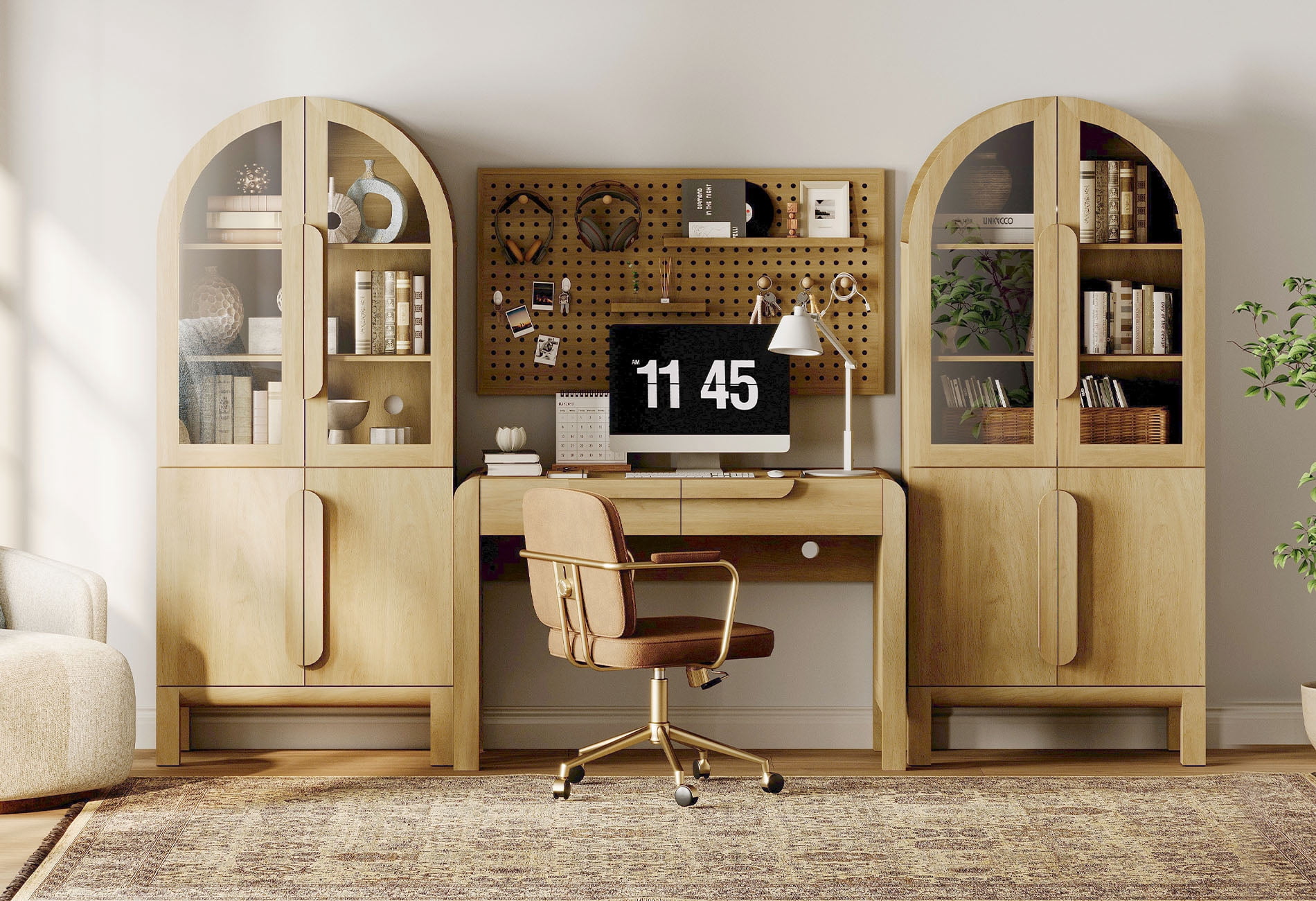 Home Office Set, 47" Modern Executive Desk with Charging Station and Drawers & 2 Piece 71"H Tall 5-Tier Arched Bookcases with Glass Door for Living Room, Bedroom, Home Office