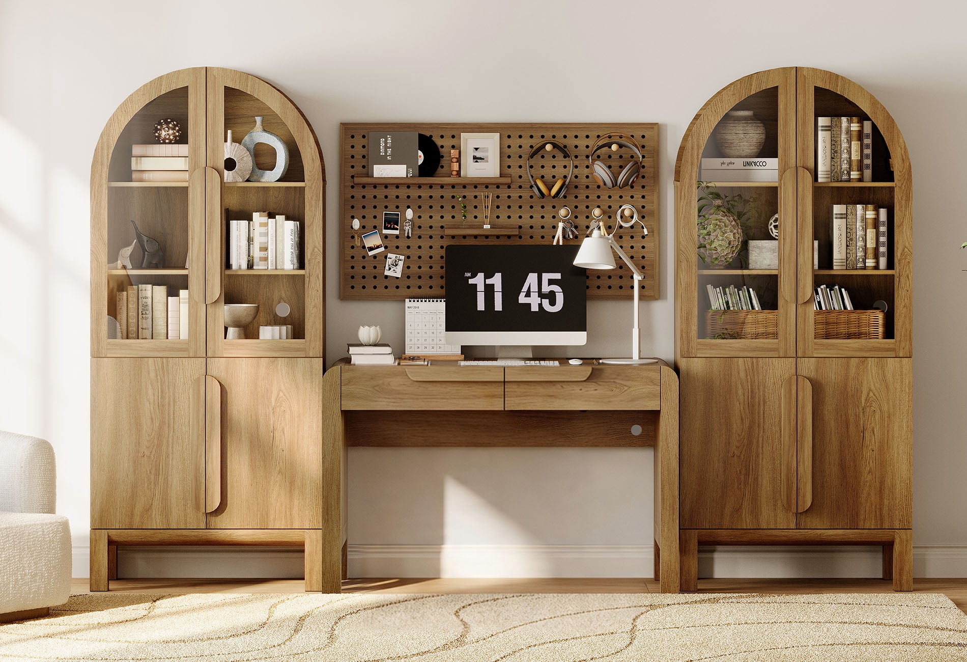 Home Office Set, 47" Modern Executive Desk with Charging Station and Drawers & 2 Piece 71"H Tall 3-Tier Arched Bookcases with Glass Door for Living Room, Bedroom, Home Office