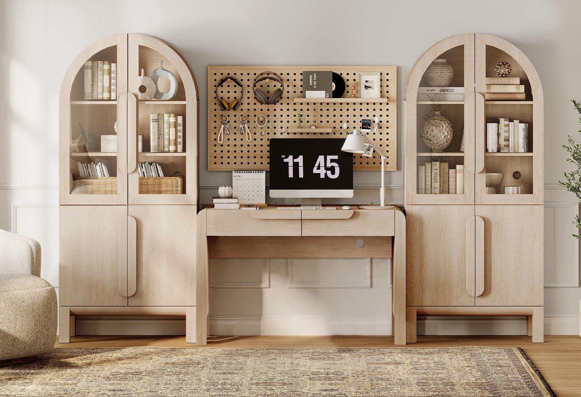 Home Office Set, 47" Modern Executive Desk with Charging Station and Drawers & 2 Piece 71"H Tall 3-Tier Arched Bookcases with Glass Door for Living Room, Bedroom, Home Office