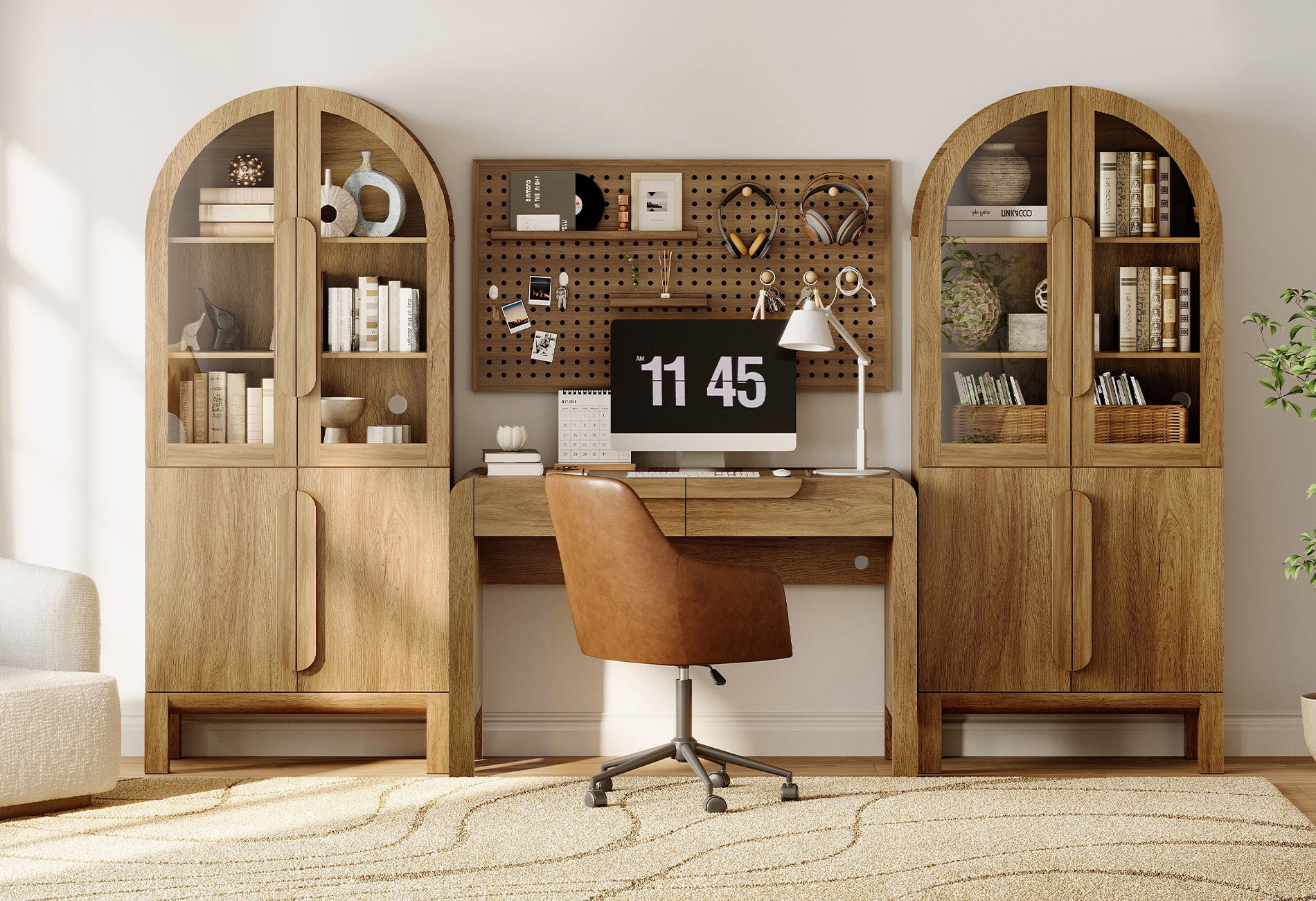 Home Office Set, 47" Modern Executive Desk with Charging Station and Drawers & 2 Piece 71"H Tall 5-Tier Arched Bookcases with Glass Door for Living Room, Bedroom, Home Office