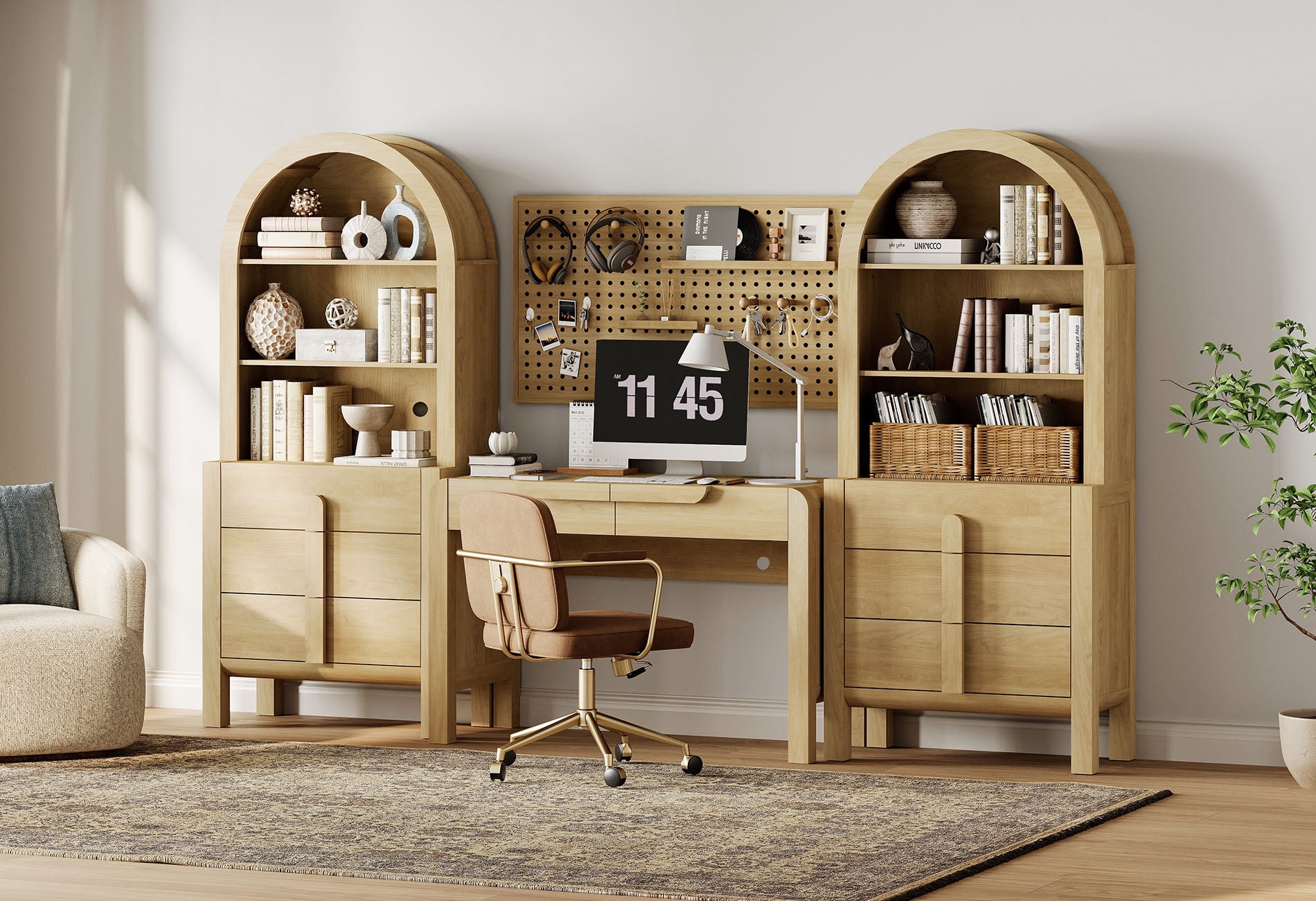Home Office Set, 47" Modern Executive Desk with Charging Station and Drawers & 2 Piece 71"H Tall 3-Tier Arched Bookcases with Open Storage for Living Room, Bedroom, Home Office
