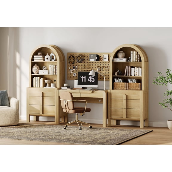 Home Office Set, 47" Modern Executive Desk with Charging Station and Drawers & 2 Piece 71"H Tall 3-Tier Arched Bookcases with Open Storage for Living Room, Bedroom, Home Office