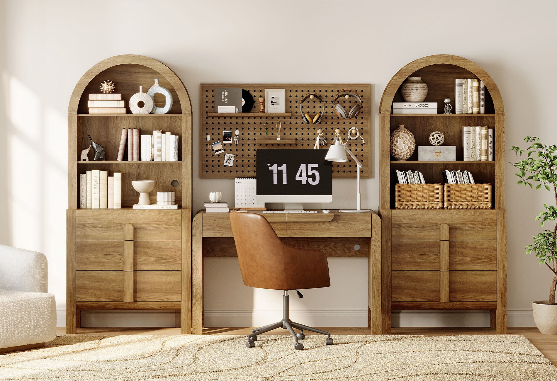Home Office Set, 47" Modern Executive Desk with Charging Station and Drawers & 2 Piece 71"H Tall 3-Tier Arched Bookcases with Open Storage for Living Room, Bedroom, Home Office