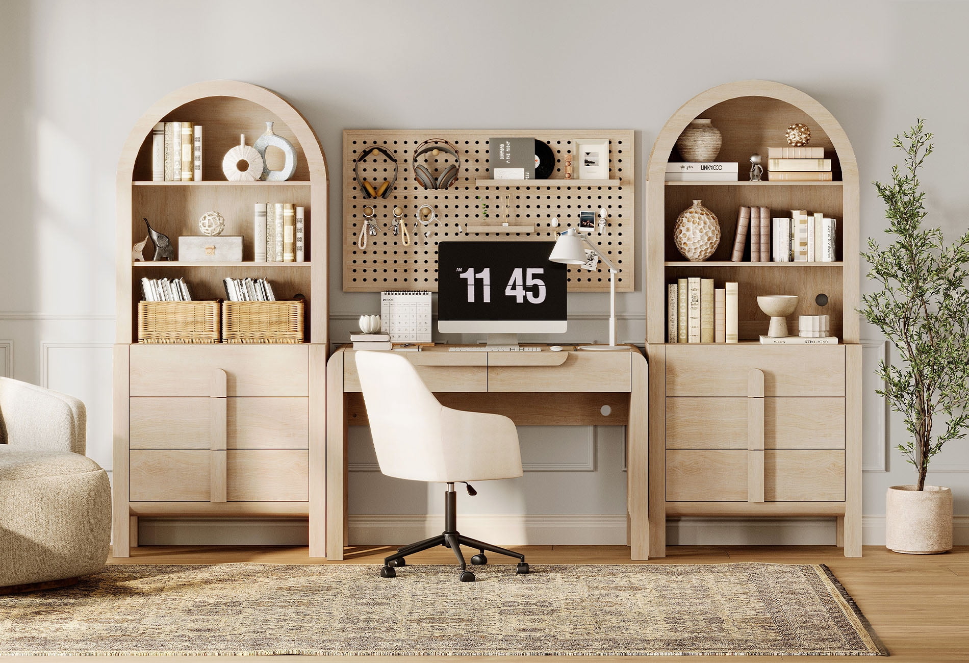 Home Office Set, 47" Modern Executive Desk with Charging Station and Drawers & 2 Piece 71"H Tall 3-Tier Arched Bookcases with Open Storage for Living Room, Bedroom, Home Office