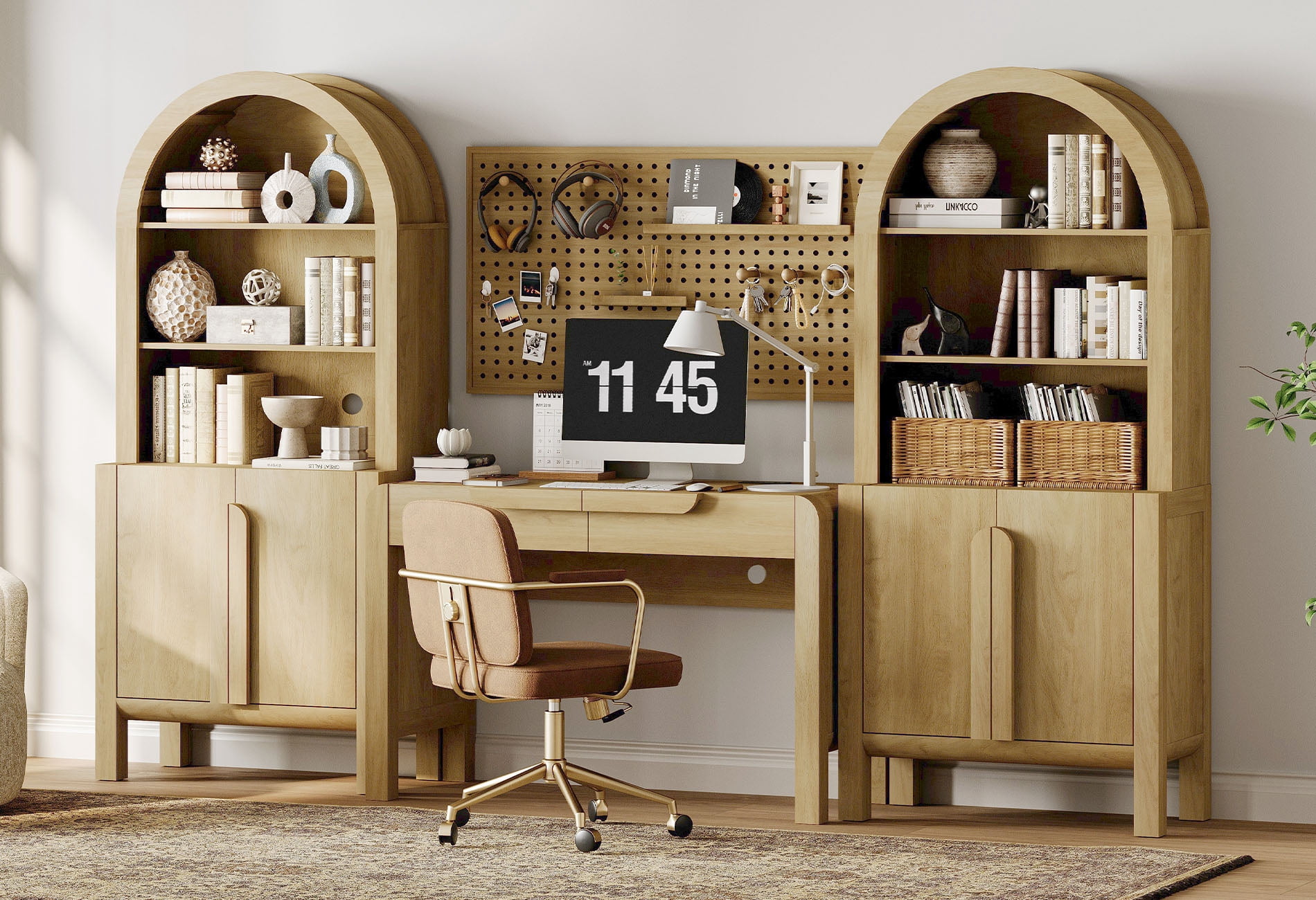 Home Office Set, 47" Modern Executive Desk with Charging Station and Drawers & 2 Piece 71"H Tall 5-Tier Arched Bookcases with Storage Cabinet for Living Room, Bedroom, Home Office