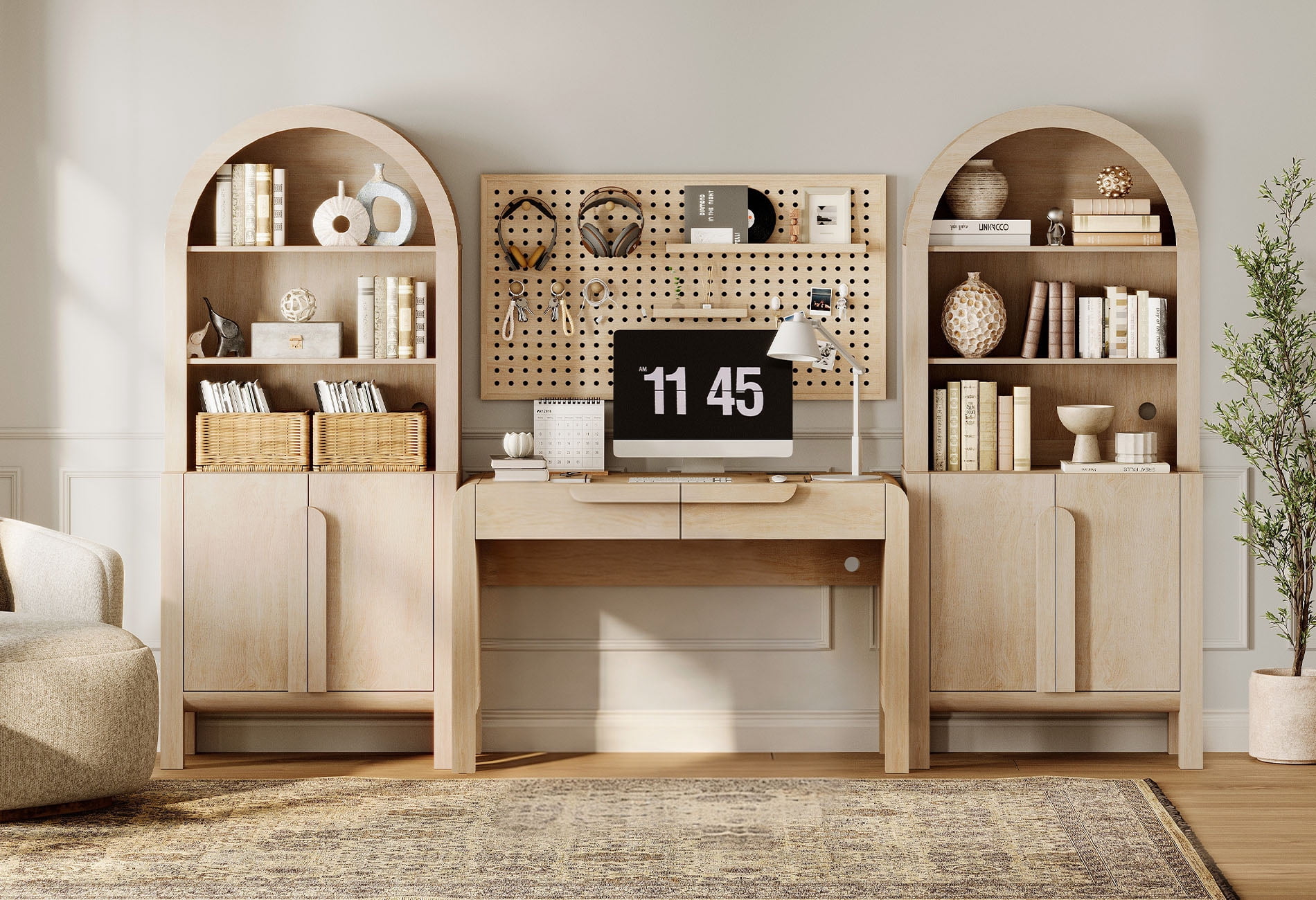 Home Office Set, 47" Modern Executive Desk with Charging Station and Drawers & 2 Piece 71"H Tall 5-Tier Arched Bookcases with Storage Cabinet for Living Room, Bedroom, Home Office