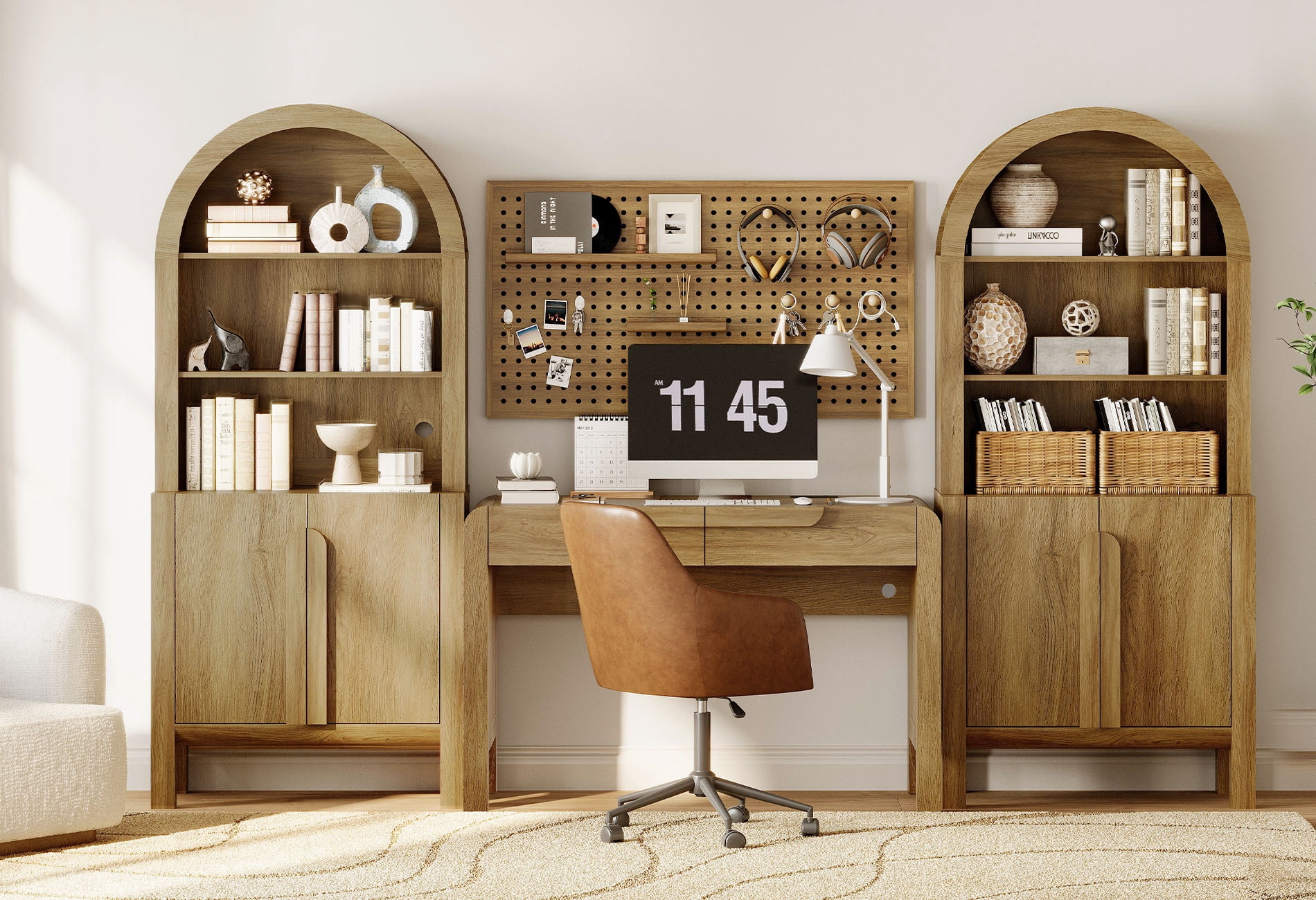 Home Office Set, 47" Modern Executive Desk with Charging Station and Drawers & 2 Piece 71"H Tall 5-Tier Arched Bookcases with Storage Cabinet for Living Room, Bedroom, Home Office