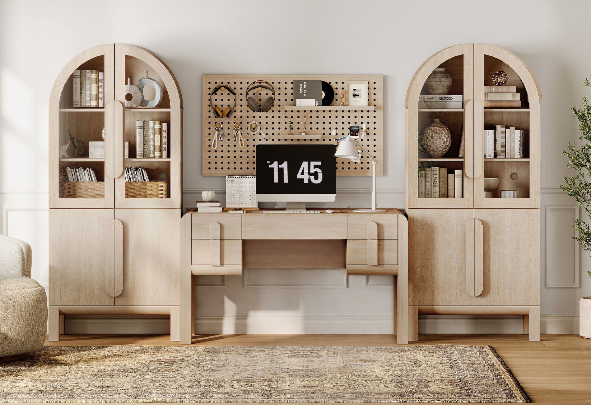 Home Office Set, 53.5" Modern Executive Desk with Charging Station and Drawers & 2 Piece 71"H Tall 3-Tier Arched Bookcases with Glass Door for Living Room, Bedroom, Home Office