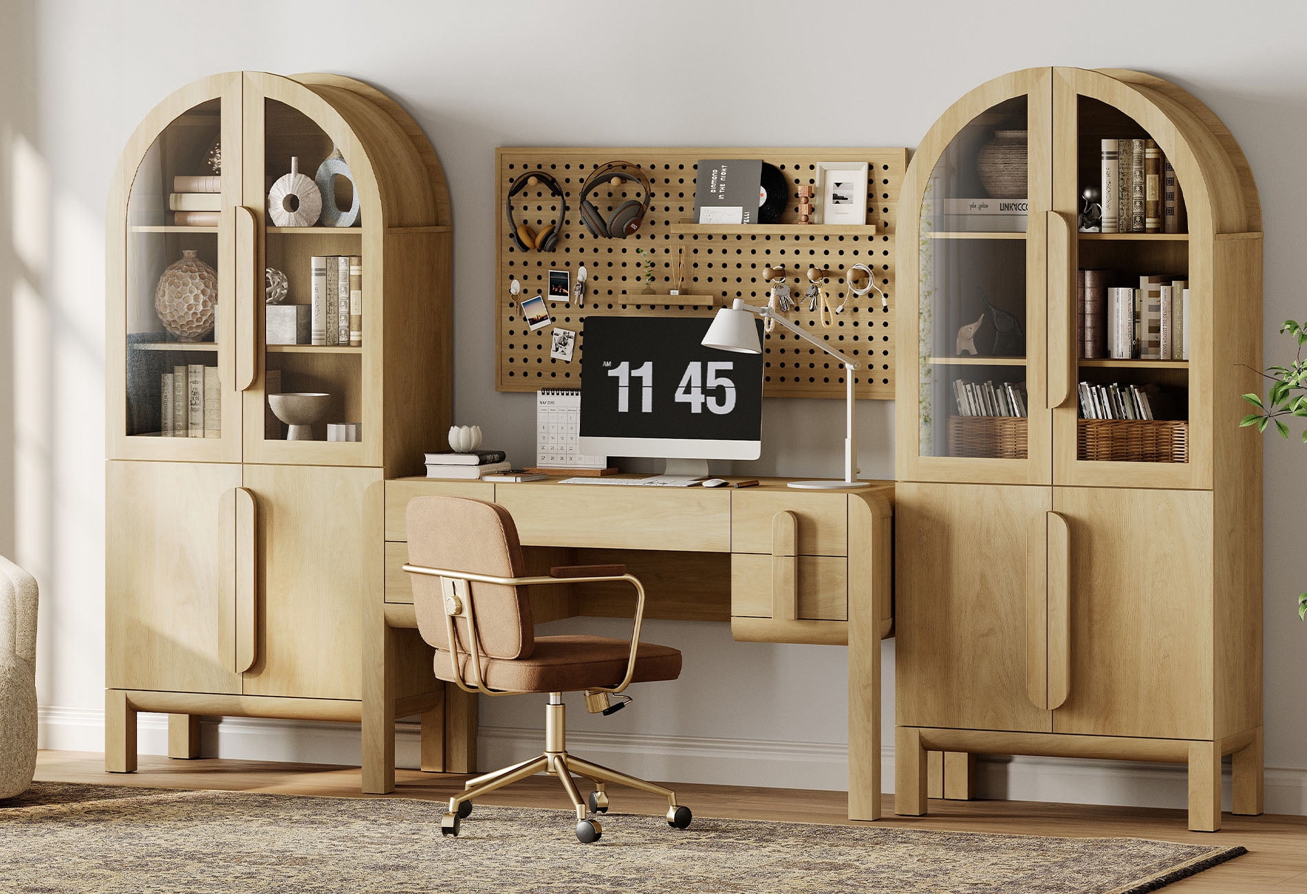 Home Office Set, 53.5" Modern Executive Desk with Charging Station and Drawers & 2 Piece 71"H Tall 5-Tier Arched Bookcases with Glass Door for Living Room, Bedroom, Home Office