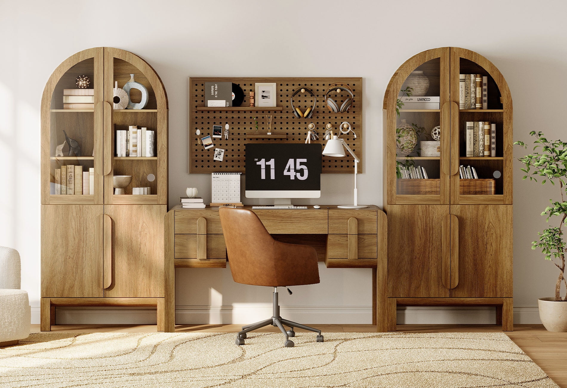 Home Office Set, 53.5" Modern Executive Desk with Charging Station and Drawers & 2 Piece 71"H Tall 5-Tier Arched Bookcases with Glass Door for Living Room, Bedroom, Home Office