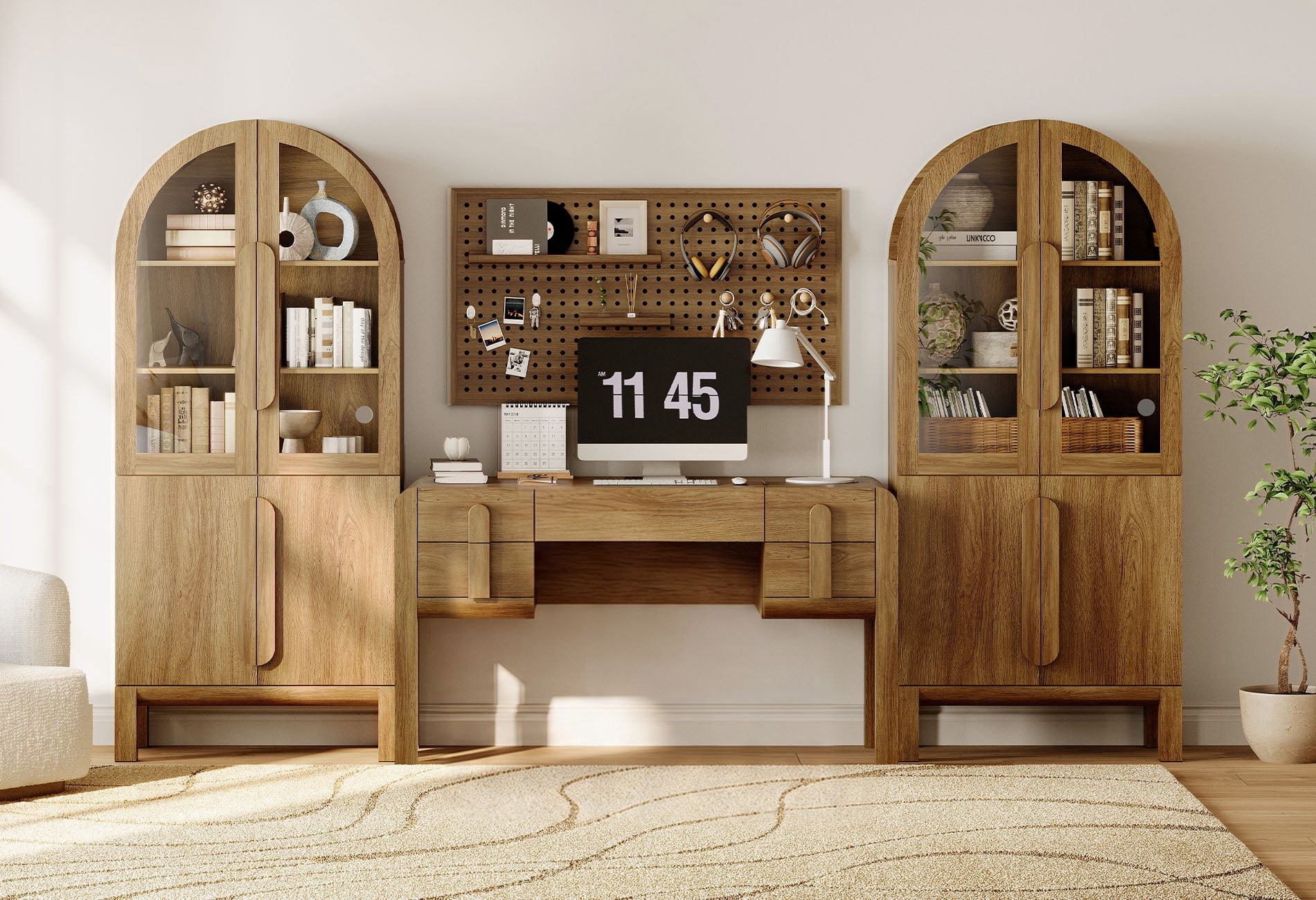 Home Office Set, 53.5" Modern Executive Desk with Charging Station and Drawers & 2 Piece 71"H Tall 3-Tier Arched Bookcases with Glass Door for Living Room, Bedroom, Home Office