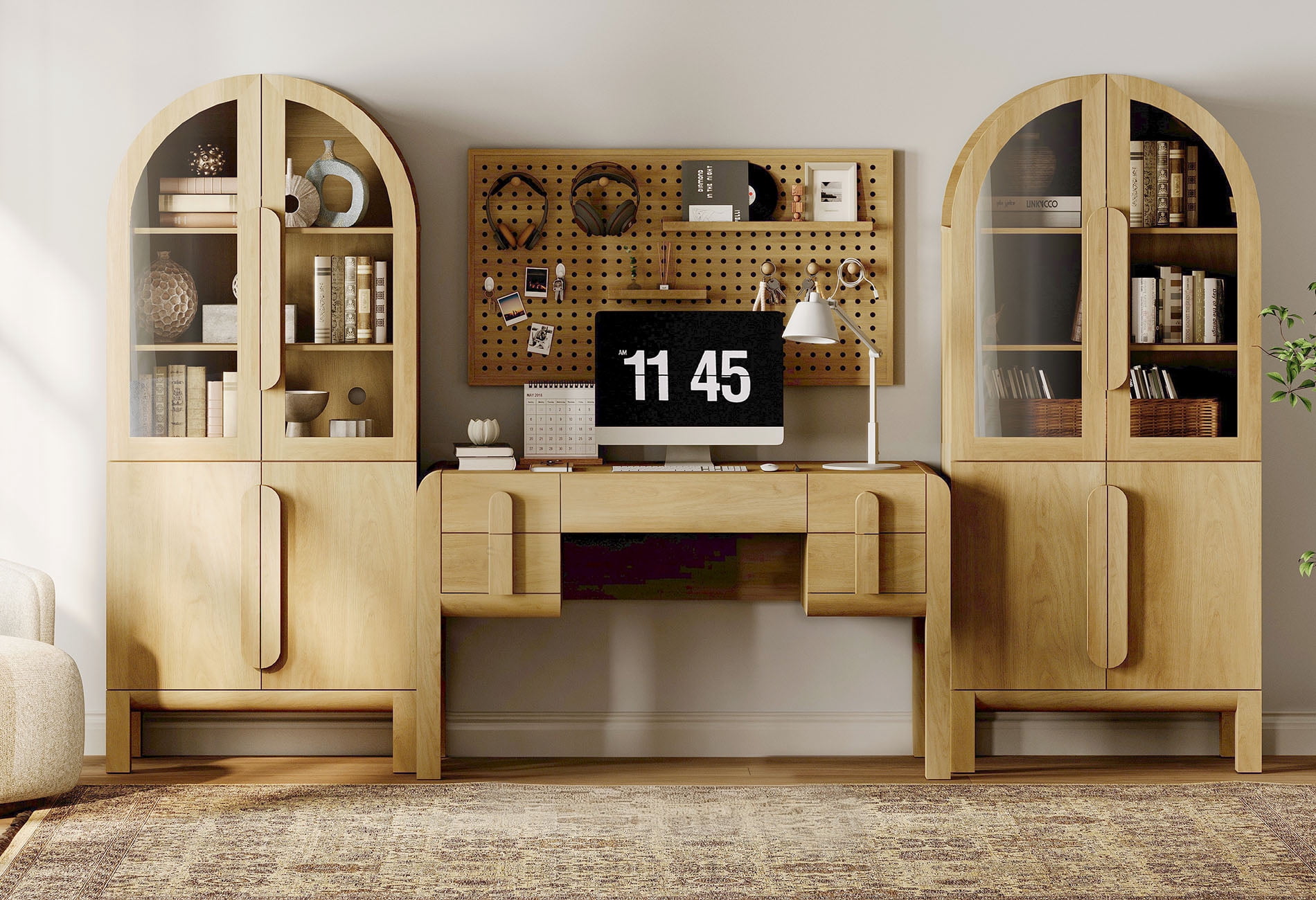 Home Office Set, 53.5" Modern Executive Desk with Charging Station and Drawers & 2 Piece 71"H Tall 3-Tier Arched Bookcases with Glass Door for Living Room, Bedroom, Home Office