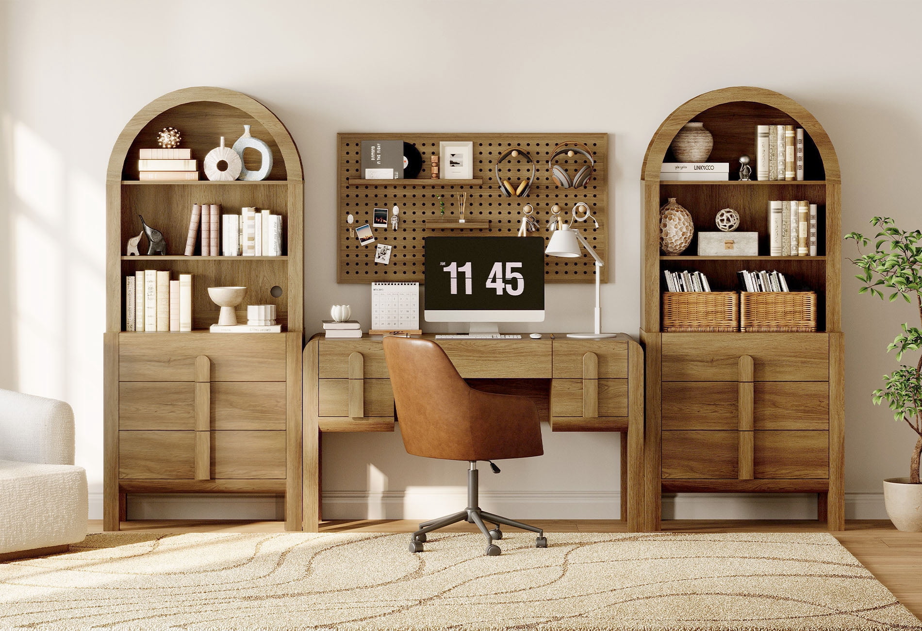 Home Office Set, 53.5" Modern Executive Desk with Charging Station and Drawers & 2 Piece 71"H Tall 3-Tier Arched Bookcases with Open Storage for Living Room, Bedroom, Home Office