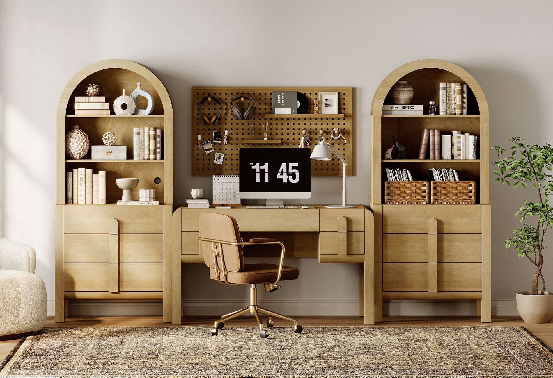 Home Office Set, 53.5" Modern Executive Desk with Charging Station and Drawers & 2 Piece 71"H Tall 3-Tier Arched Bookcases with Open Storage for Living Room, Bedroom, Home Office