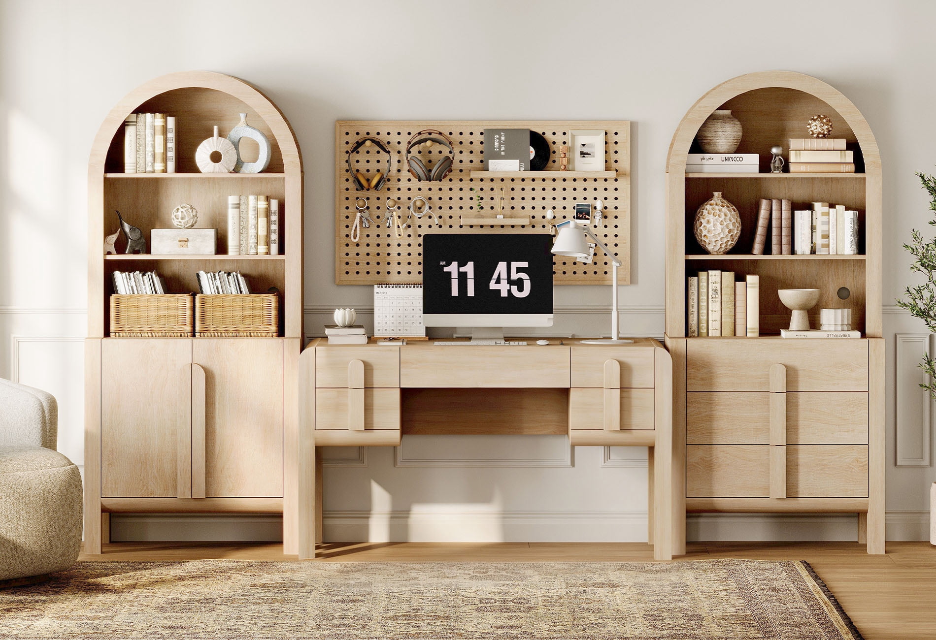 Home Office Set, 53.5" Modern Executive Desk with Charging Station and Drawers & 2 Piece 71"H Tall 3-Tier Arched Bookcases with Open Storage for Living Room, Bedroom, Home Office