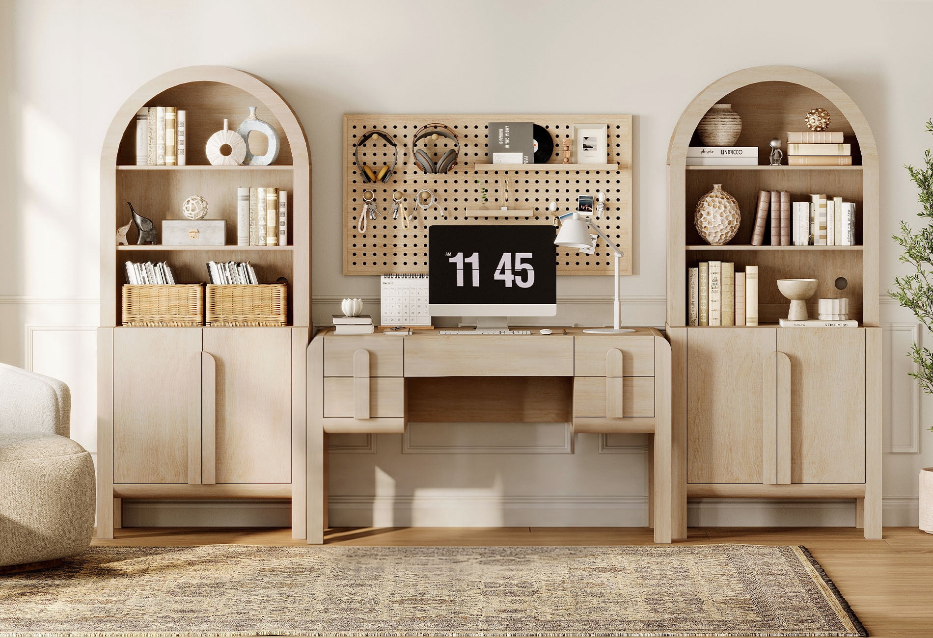 Home Office Set, 53.5" Modern Executive Desk with Charging Station and Drawers & 2 Piece 71"H Tall 5-Tier Arched Bookcases with Storage Cabinet for Living Room, Bedroom, Home Office