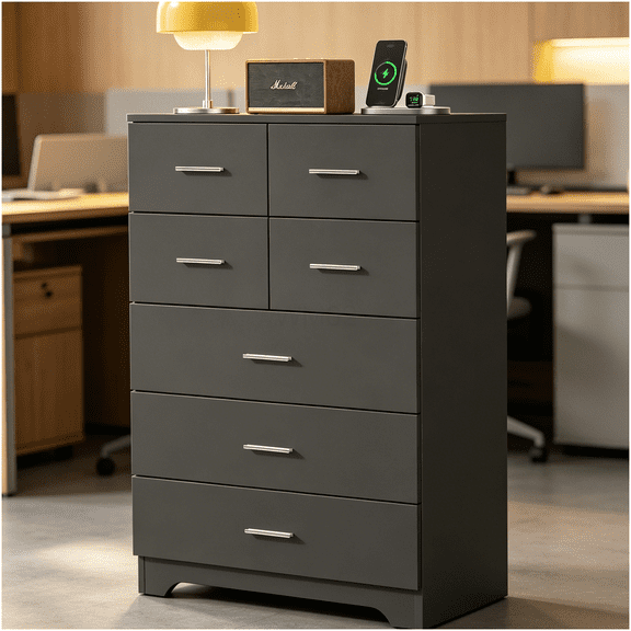 Home Office Storage Cabinet with 7 Drawers and Built-In Power Outlet, Black MDF Organizer for Study Room and Workspace