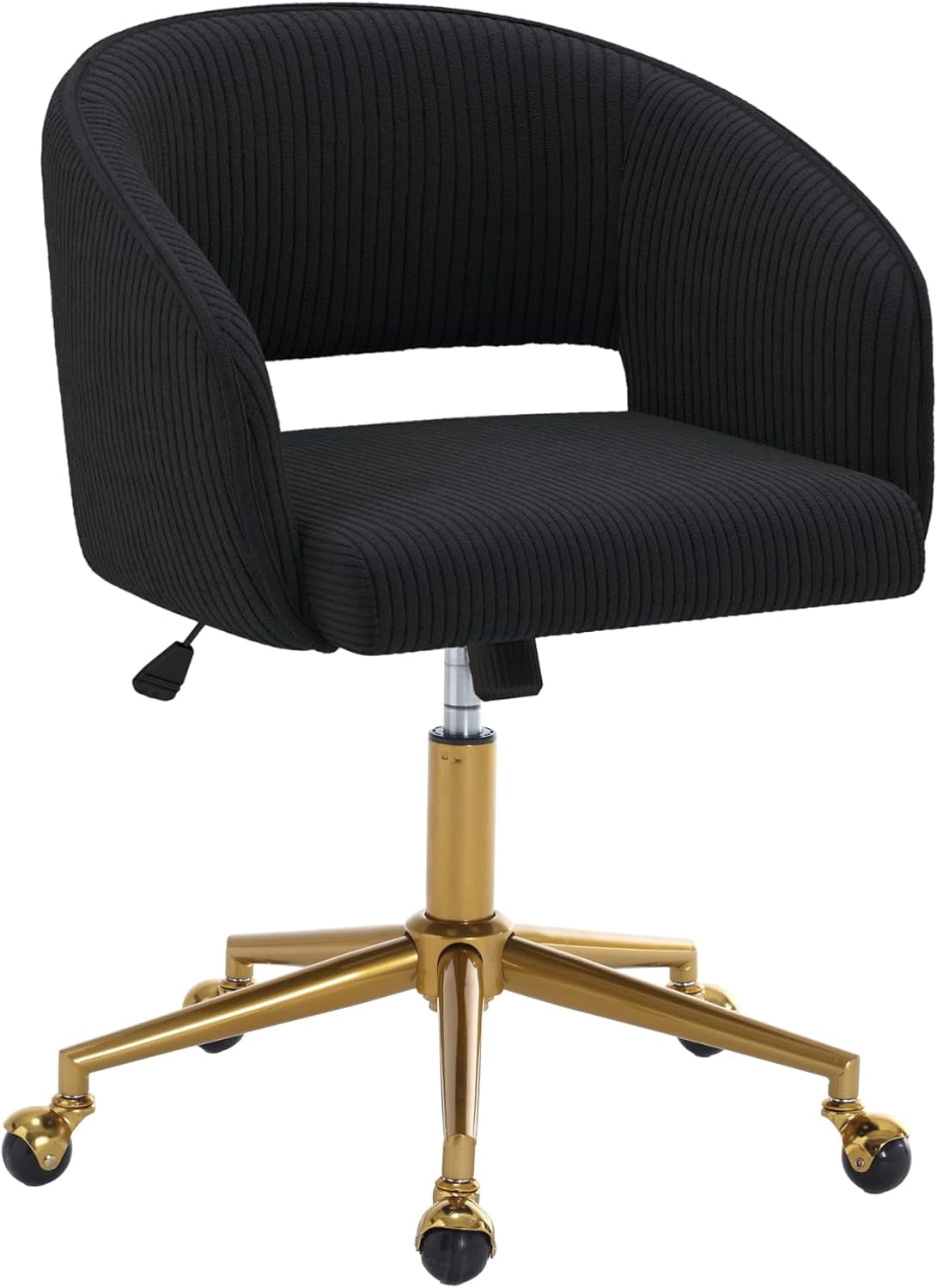 Home Office Swivel Desk Chair, Modern Corduroy Desk Chair, Height Adjustable Armchair with Gold Base, Ergonomic Office Chair for Living Room Vanity Study Computer Room, Black