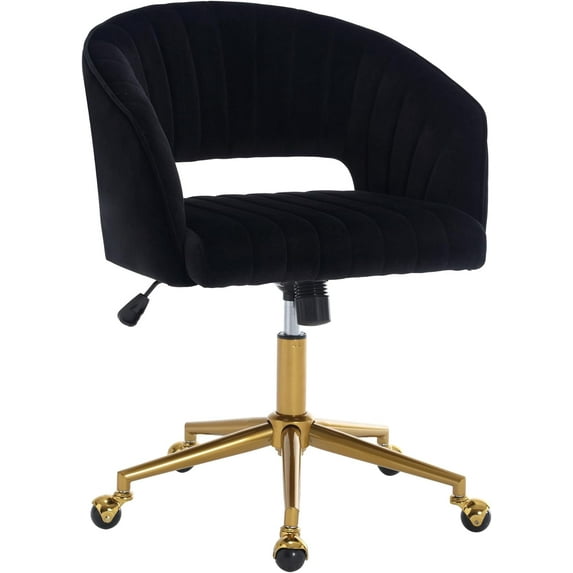 Home Office Swivel Desk Chair, Modern Velvet Desk Chair, Height Adjustable Armchair with Gold Base, Ergonomic Office Chair for Living Room Vanity Study Computer Room, Black