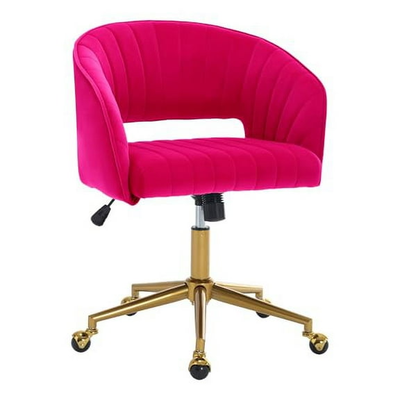 Home Office Swivel Desk Chair, Modern Velvet Vanity Chair, Height Adjustable Armchair with Gold Base, Ergonomic Office Chair for Task Study Computer Room, Hot Pink
