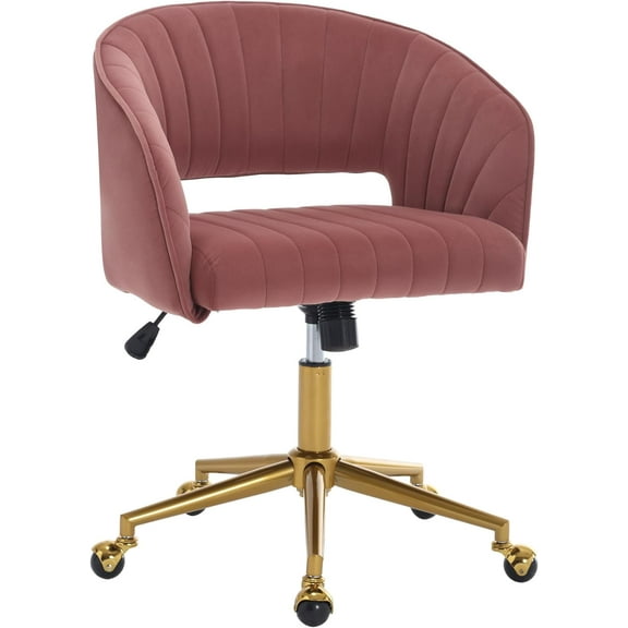 Home Office Swivel Desk Chair, Modern Velvet Vanity Chair, Height Adjustable Armchair with Gold Base, Ergonomic Office Chair for Task Study Computer Room, Rose