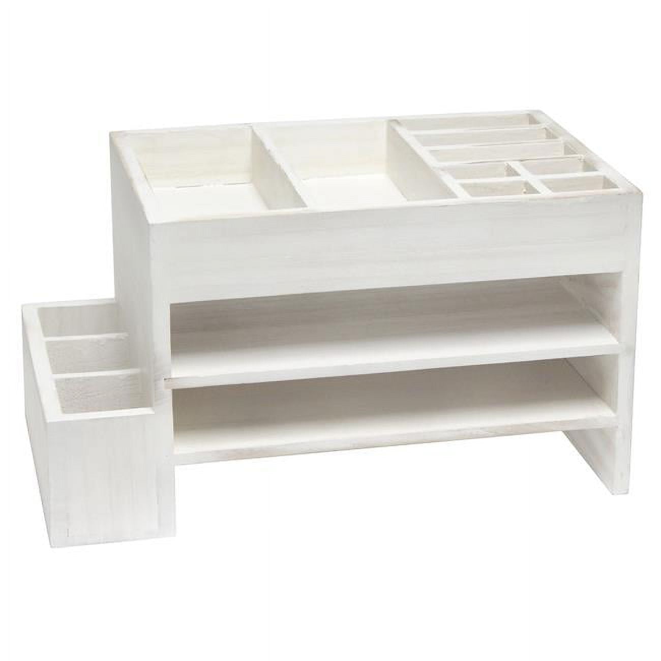 White Wash Wooden Tiered Desk Organizer with Storage Cubbies
