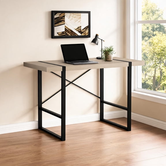 Home Office Use 49 Inch Modern Industrial Warm Beige Black Metal Frame Computer Work Desk