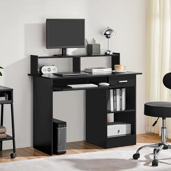 Home Office Wood Computer Desk with Drawers and Pull-Out Keyboard Tray, Study Writing Desk PC Laptop Table with Hutch and Storage Shelves, Modern Workstation, Black