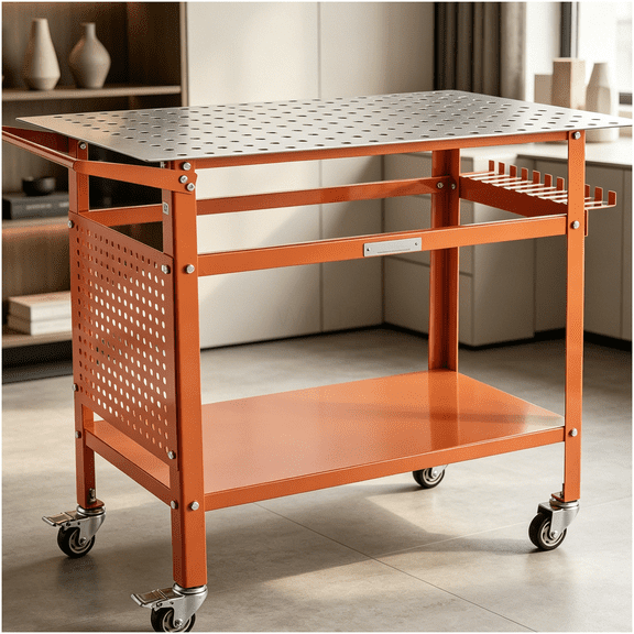 Home Office Workbench Table with Storage Shelf, Orange Steel Work Table for Study Room and Small Office Workspace