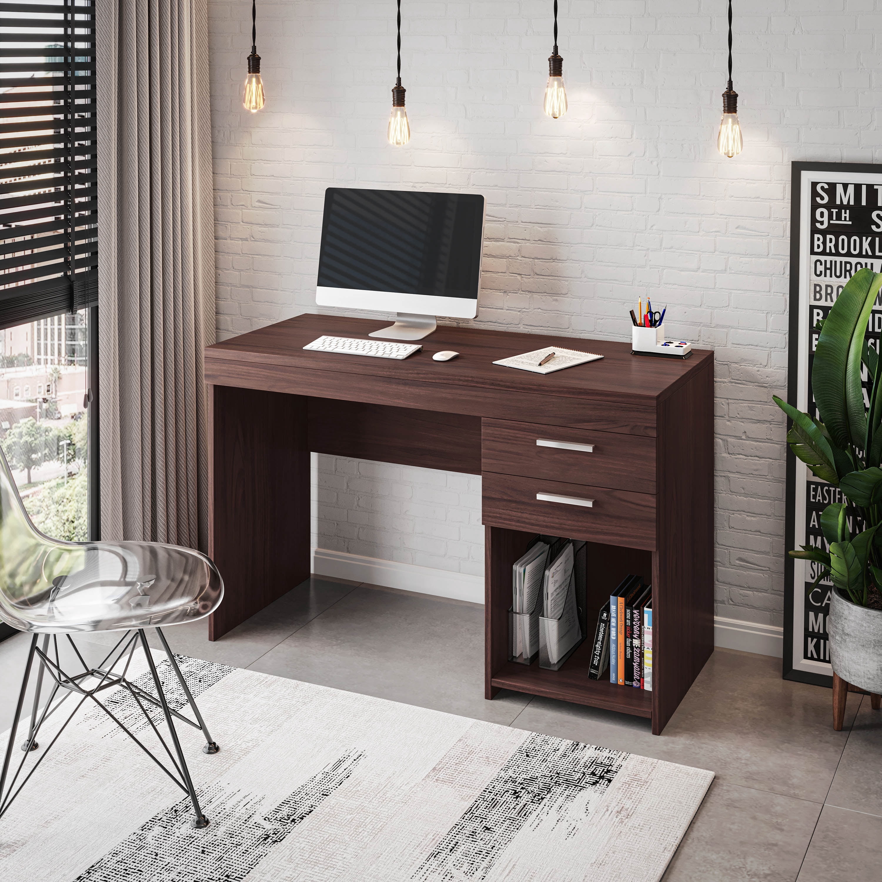 Home Office Workstation Desk with Storage, Painted Particleboard Writing Table with 2 Pullout Drawers & Open Bottom Shelf for Study Room