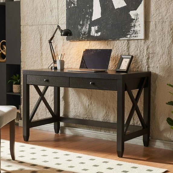Home Office Writing Desk In , 2 Drawers, Robust X Brace Legs -colored With Useful Stable Frame