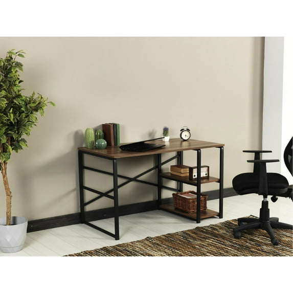 Home Office Writing Desk With 47" Solid Wood Plank - 2 Shelves, Sage Black Metal, Walnut Nuance Computer Top Shelf Design, Metal Frame, Color