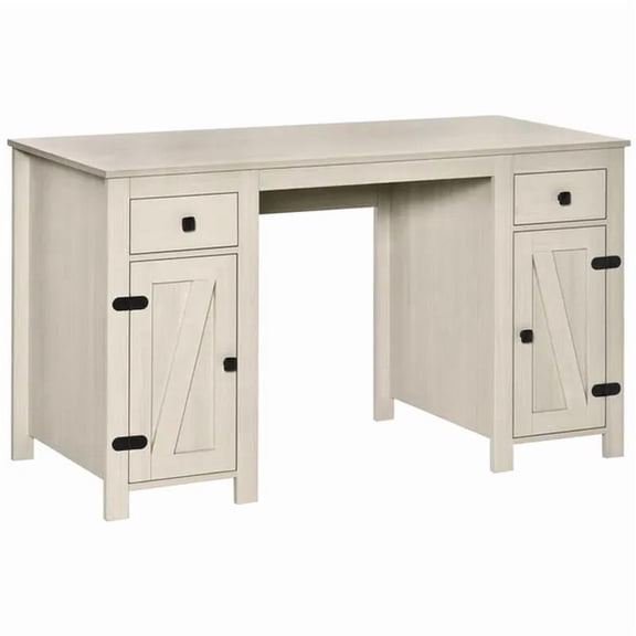 Home Office Writing Desk with Drawers, Study Table Computer Workstation, Barn Door Style Computer Desk with Adjustable Shelf, White