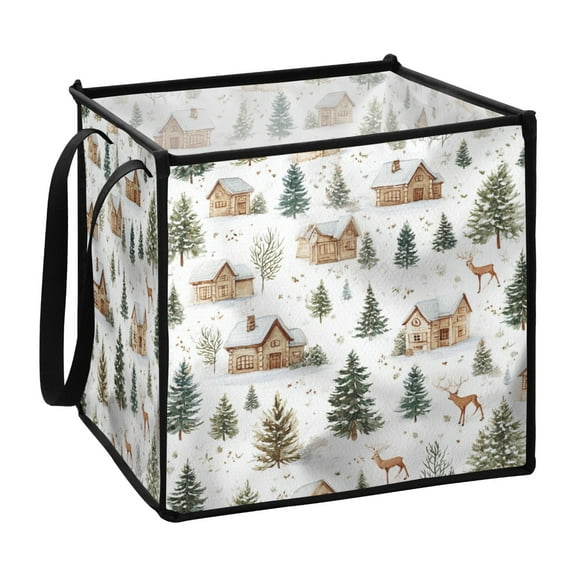 Home Organizer Foldable Fabric Storage Bin With Handle Cozy Christmas Pattern