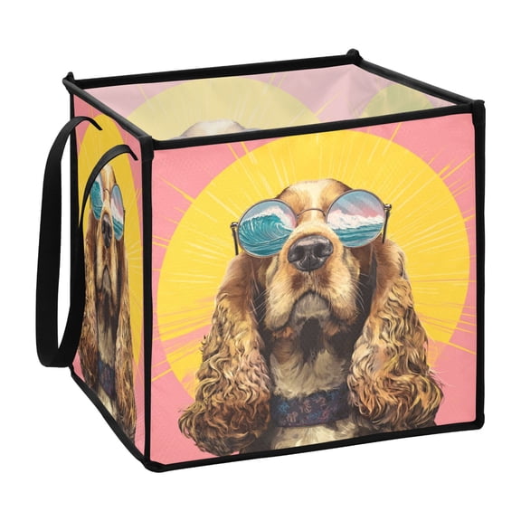 Home Organizer Foldable Fabric Storage Bin With Handle Dog Wearing Glasses