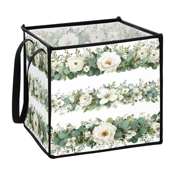 Home Organizer Foldable Fabric Storage Bin With Handle Eucalyptus Peonies and Roses