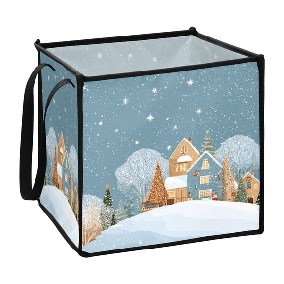 Home Organizer Foldable Fabric Storage Bin With Handle Houses on Snowy Mountains