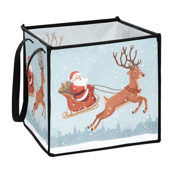 Home Organizer Foldable Fabric Storage Bin With Handle Santa Claus and Reindeer