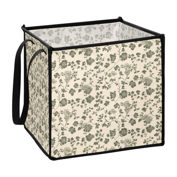 Home Organizer Foldable Fabric Storage Bin With Handle Small Olive Green Flower