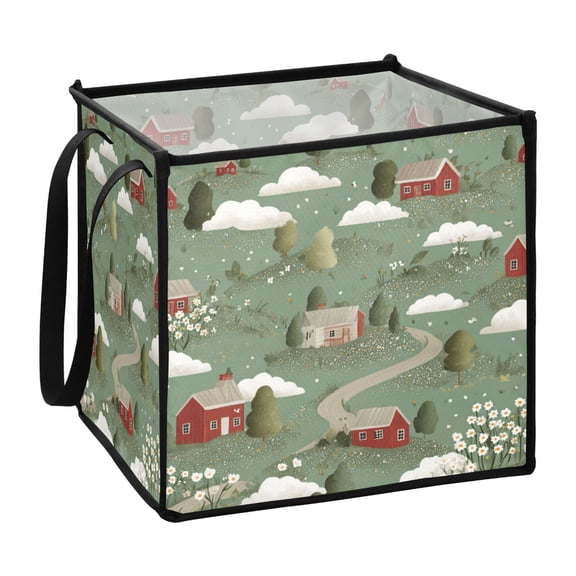 Home Organizer Foldable Fabric Storage Bin With Handle White Flowers Scattered