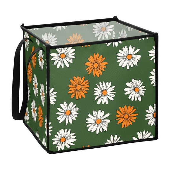 Home Organizer Foldable Fabric Storage Bin With Handle White Green Daisies