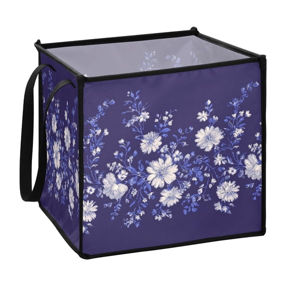 Home Organizer Foldable Fabric Storage Bin With Handle White Navy Blue