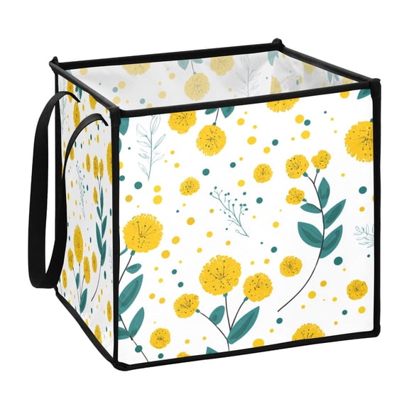 Home Organizer Foldable Fabric Storage Bin With Handle Yellow Flowers and Green Leaves