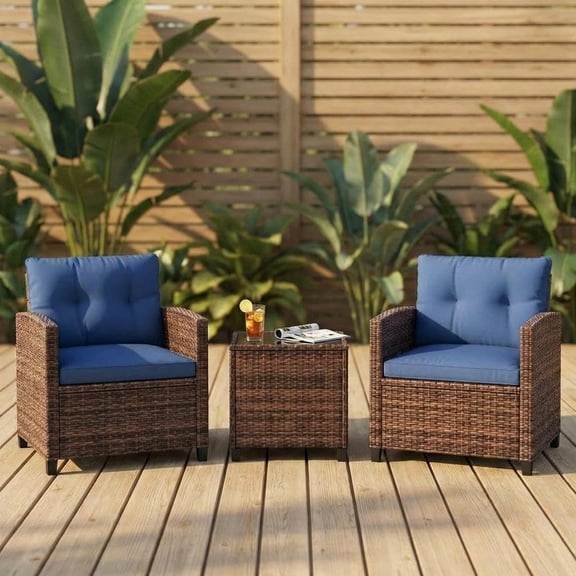 Home Outdoor 3 Piece Small Space Wicker Patio Set, Gradient Rattan Table and Chairs with Blue Cushions, Compact Bistro Set for Apartment Balcony, Courtyard & Nook